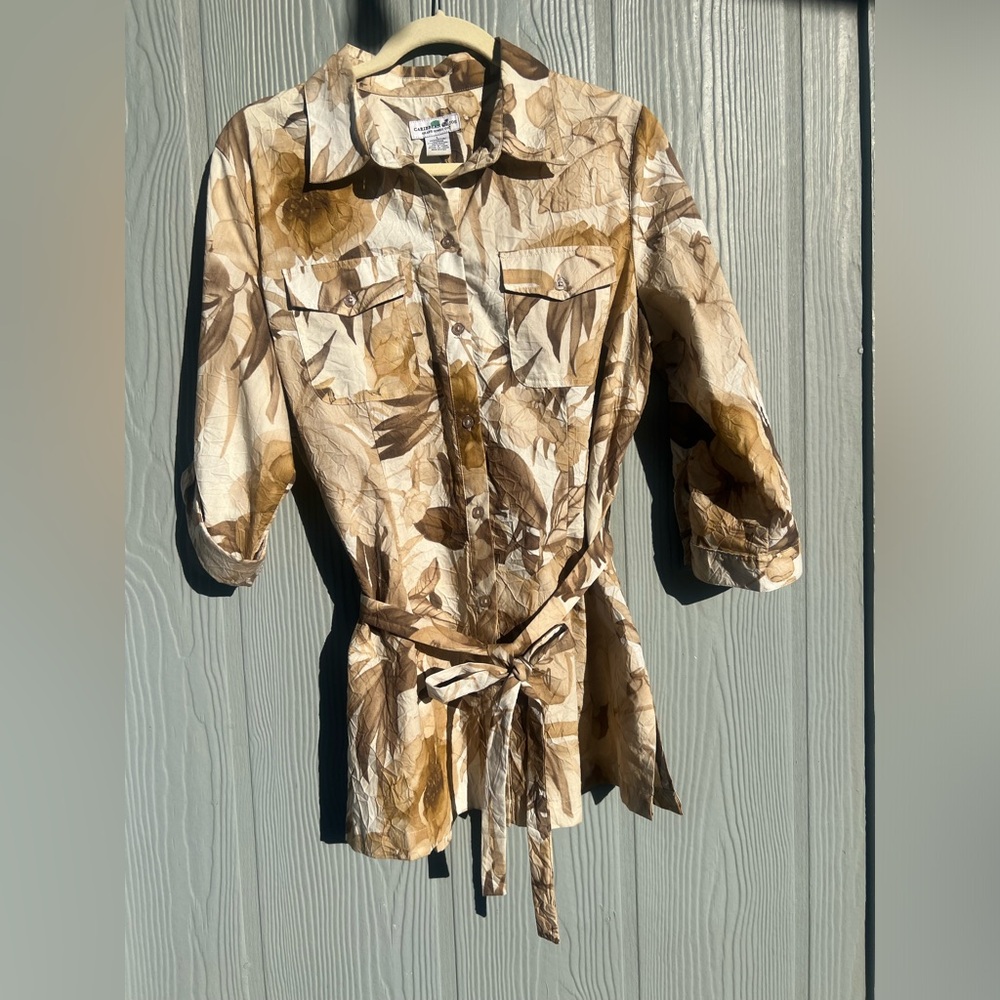 14.Caribbean Joe Women’s Button down tropical belted blouse 
Size: Large